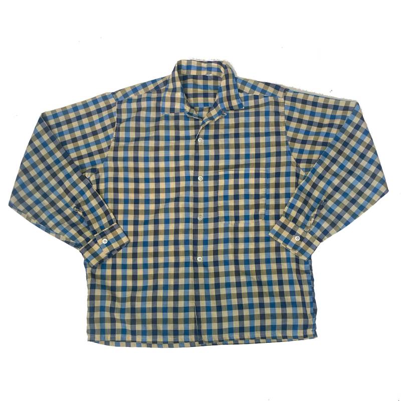 Vintage 90Er Jahre Leichtes Baumwollhemd Beige Blau Oliv Kariert Size M von StateSideVintageUK
