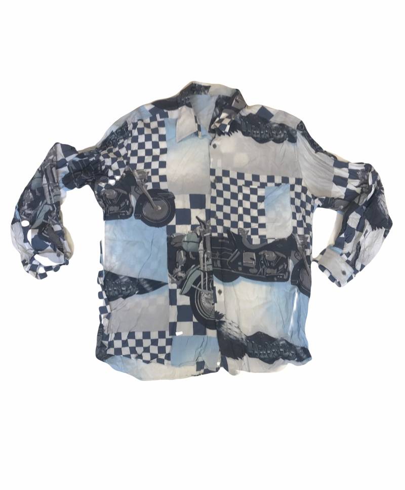 Vintage 90Er Jahre Pastell Blau Grau Motorrad Cafe Racer Zielflagge Print Crazy Muster Shirt Größe Xl von StateSideVintageUK