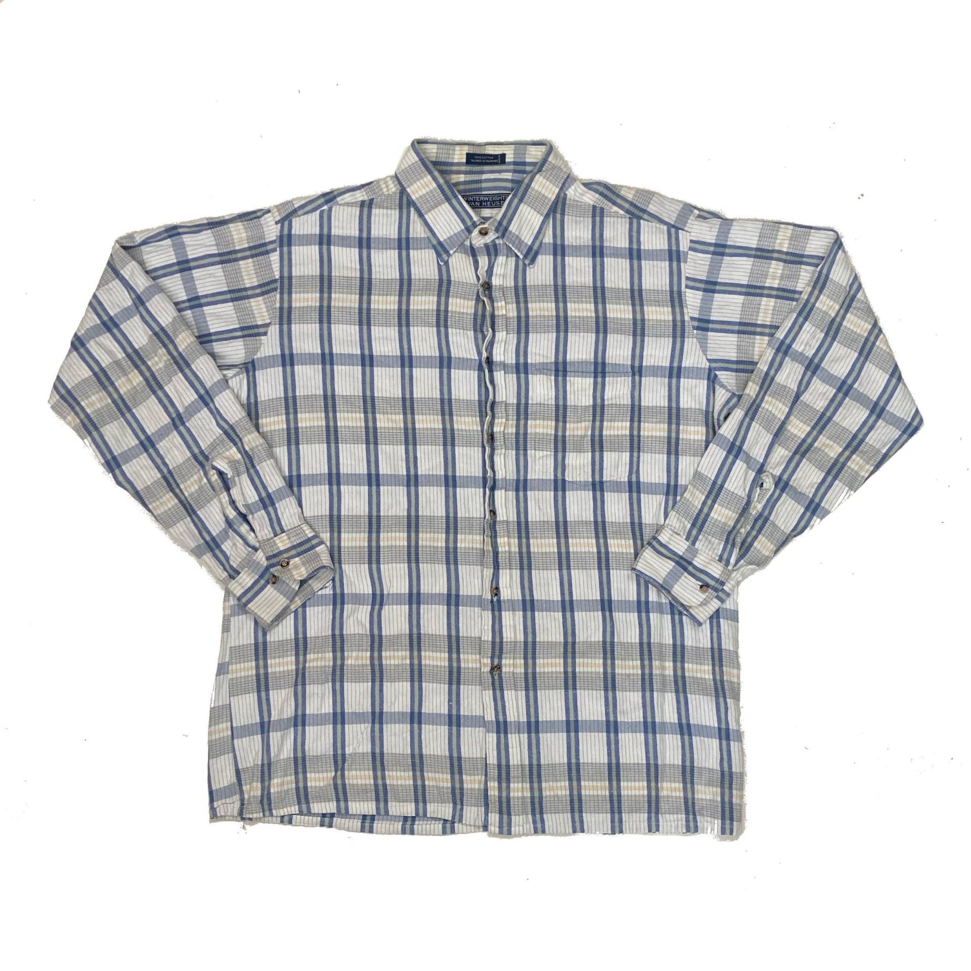 Vintage 90Er Jahre Weiß Marine Gebürstetes Baumwolle Flanell Karo Hemd Größe L Von Van Heusen von StateSideVintageUK