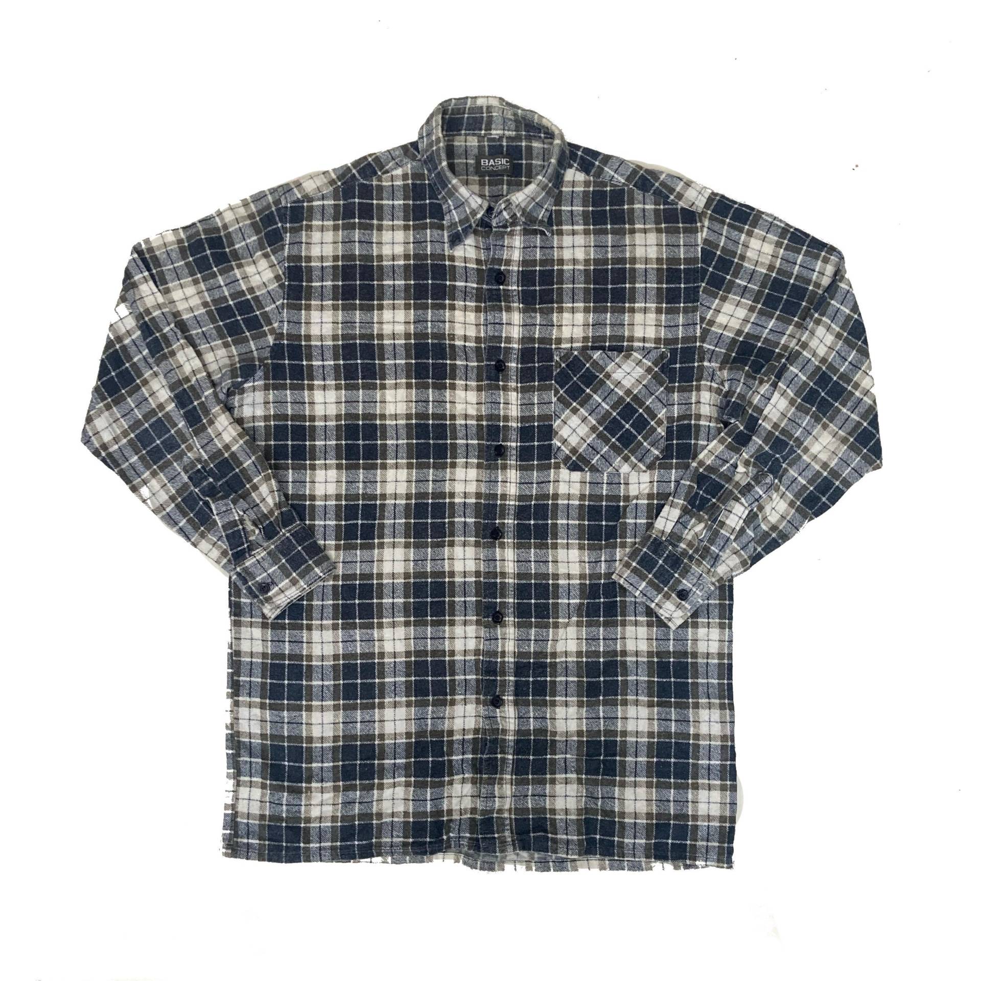 Vintage 90S Grau Oliv Biege Karo Baumwollhemd Band Gebürstet Gr. Large Von Basic Concept von StateSideVintageUK