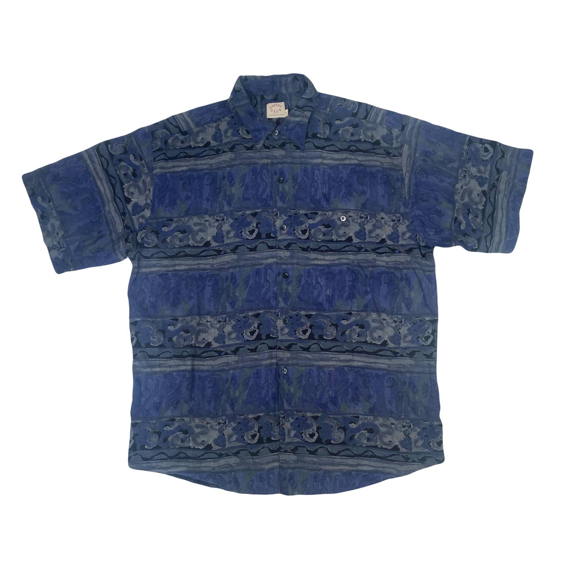 Vintage 90S Marine Blau Schwarz Abstrakte Wellen Verrücktes Muster Kurzarm Ugly Shirt Gr. Large Von Casual Club von StateSideVintageUK