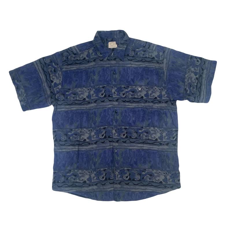 Vintage 90S Marine Blau Schwarz Abstrakte Wellen Verrücktes Muster Kurzarm Ugly Shirt Gr. Large Von Casual Club von StateSideVintageUK