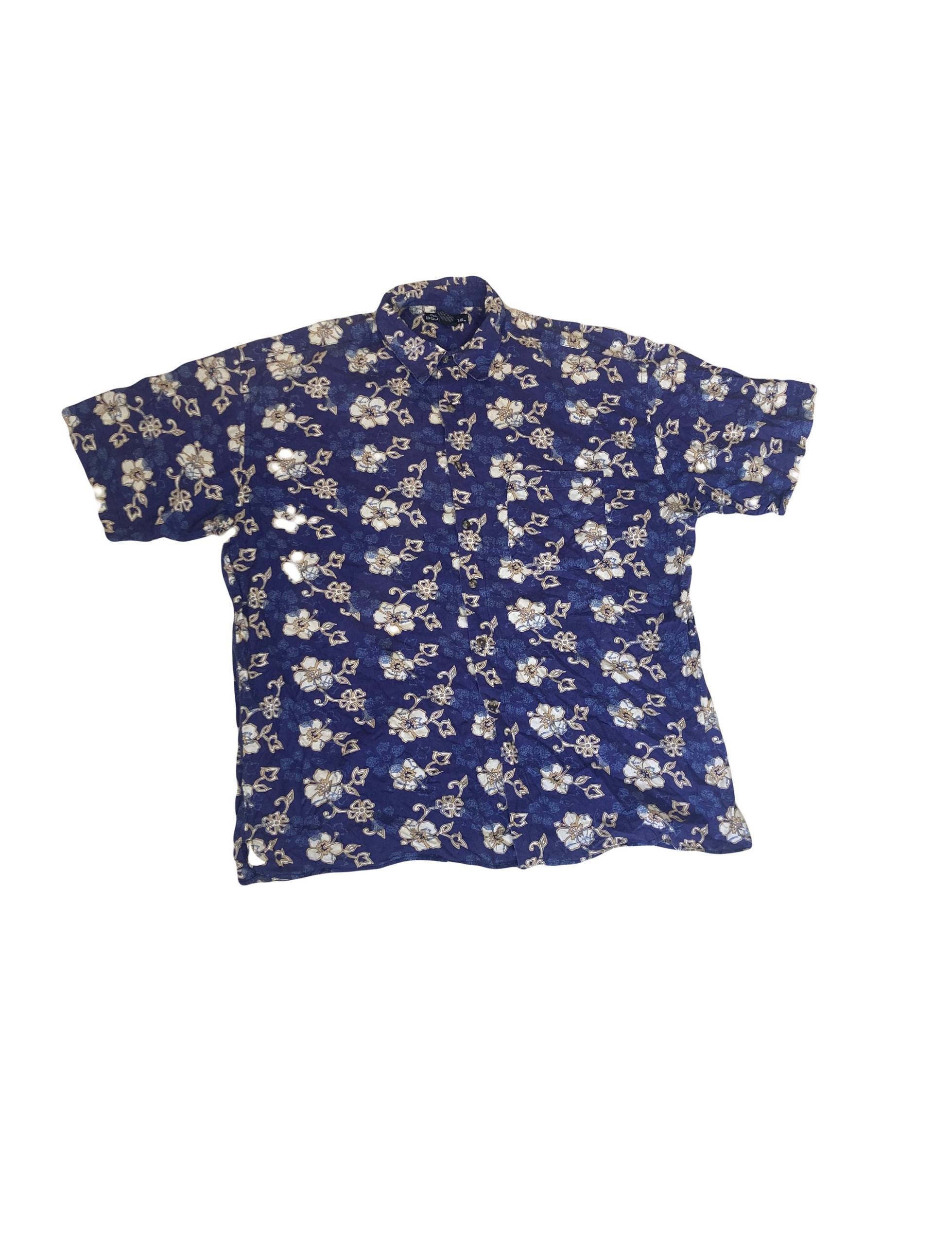 Vintage Y2K Blue & Cream Floral Aloha Hawaiian Style Übergroßes Baumwoll-Strandparty-Shirt Größe Xl von StateSideVintageUK