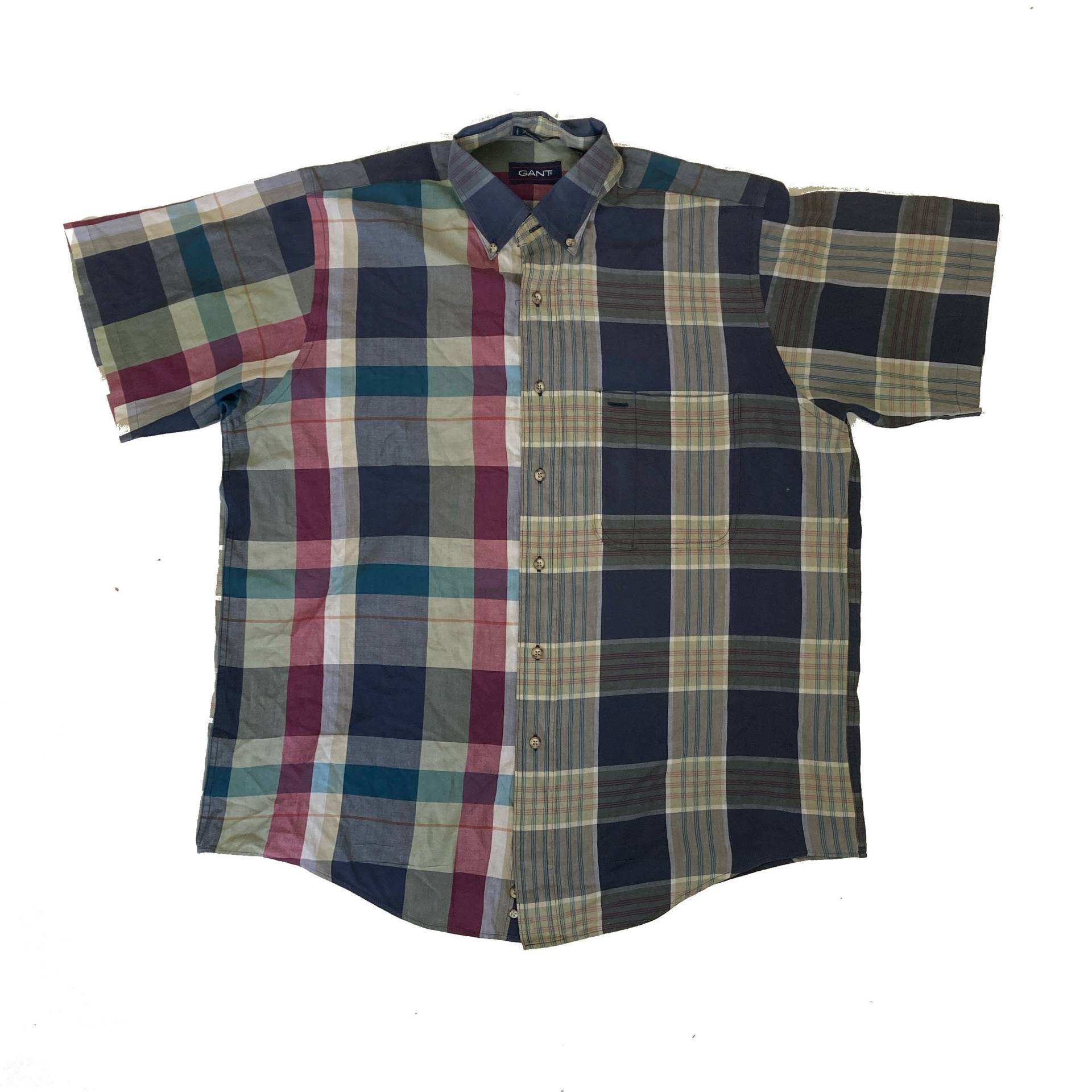 Vintage Y2K Gant Usa Block Panel Hemdärmel Beige Marine Rot Kariert Shirt Größe Large von StateSideVintageUK