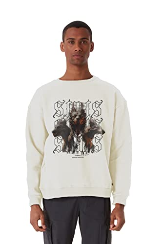 Stats Cerberus Fitted Oversized Heavy Men Sweatshirt, Rundhals-Ausschnitt mit Dropped Shoulders Streetwear Sweatshirt, Baumwolle Herren Pullover (3XL, Beige) von Stats