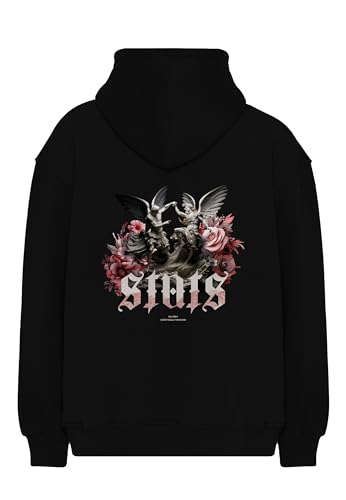 Stats Clash Oversized Heavy Men Hoodie, Kapuzenpullover mit Fronttasche, Dropped Shoulders Streetwear Hoodie, Baumwolle Herren Pullover (L, Schwarz) von Stats