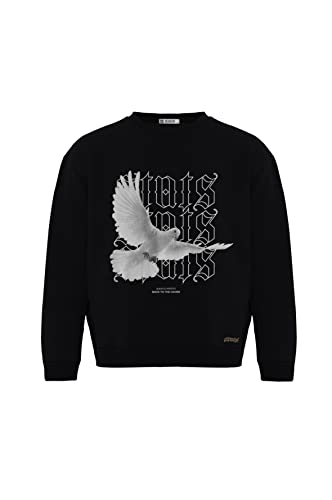 Stats Pigeon Fitted Oversized Heavy Men Sweatshirt, Rundhals-Ausschnitt mit Dropped Shoulders Streetwear Sweatshirt, Baumwolle Herren Pullover (M, Schwarz) von Stats