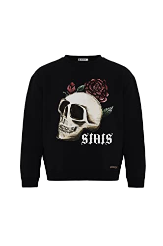 Stats Skull Fitted Oversized Heavy Men Sweatshirt, Rundhals-Ausschnitt mit Dropped Shoulders Streetwear Sweatshirt, Baumwolle Herren Pullover (M, Schwarz) von Stats