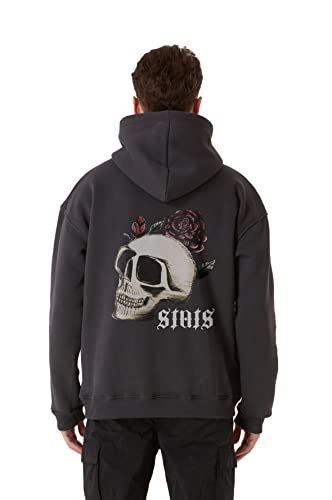 Stats Skull Fitted Oversized Heavy Men Zip Hoodie, Kapuzenpullover mit Fronttasche, Dropped Shoulders Streetwear Ziphoodie, Baumwolle Herren Pullover (3XL, Grau) von Stats