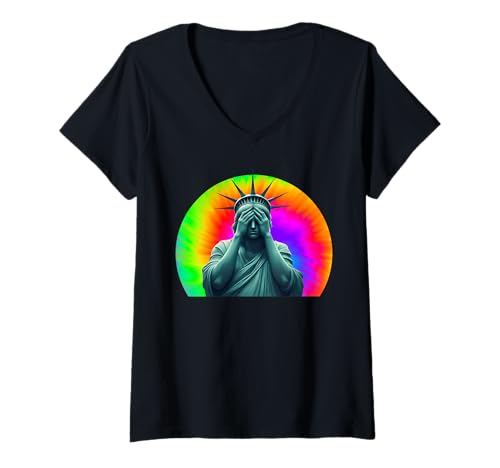 Damen Freiheitsstatue Kopf in Händen Shameful America Protest T-Shirt mit V-Ausschnitt Damen Freiheitsstatue Kopf in Händen Shameful America Protest T-Shirt mit V-Ausschnitt von Statue OF Liberty In Tears Gear