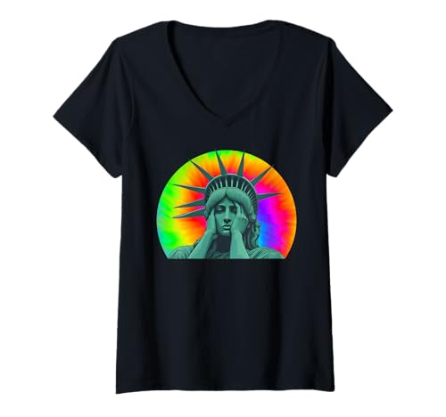 Damen Freiheitsstatue Kopf in Händen Shameful America Protest T-Shirt mit V-Ausschnitt Damen Freiheitsstatue Kopf in Händen Shameful America Protest T-Shirt mit V-Ausschnitt von Statue OF Liberty In Tears Gear