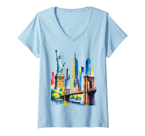 Damen Kreative New York City Icon Pride NYC Skyline Künstlerische Frauen T-Shirt mit V-Ausschnitt Damen Kreative New York City Icon Pride NYC Skyline Künstlerische Frauen T-Shirt mit V-Ausschnitt von Statue of Liberty Empire State Brooklyn Bridge Kid