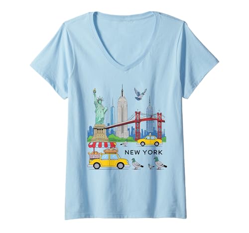 Damen NYC-Souvenir für Kinder, Motiv New York City, USA, gelbe Taxitaube T-Shirt mit V-Ausschnitt Damen NYC-Souvenir für Kinder, Motiv New York City, USA, gelbe Taxitaube T-Shirt mit V-Ausschnitt von Statue of Liberty Empire State Building Brooklyn