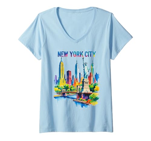 Damen New York City Skyline Art NYC Souvenir Brooklyn Bridge Damen T-Shirt mit V-Ausschnitt Damen New York City Skyline Art NYC Souvenir Brooklyn Bridge Damen T-Shirt mit V-Ausschnitt von Statue of Liberty Empire State Building Brooklyn