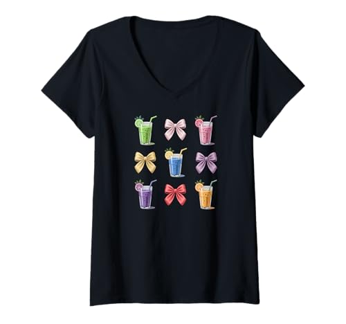 Damen Kokette Schleifen und fruchtige Getränke, süßer Sommer T-Shirt mit V-Ausschnitt Damen Kokette Schleifen und fruchtige Getränke, süßer Sommer T-Shirt mit V-Ausschnitt von Stay Cool Summer