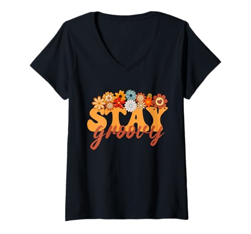Damen Stay Groovy Flower Power Retro-Hippie-Vibes T-Shirt mit V-Ausschnitt Damen Stay Groovy Flower Power Retro-Hippie-Vibes T-Shirt mit V-Ausschnitt von Stay Groovy Retro Flower Power Tee
