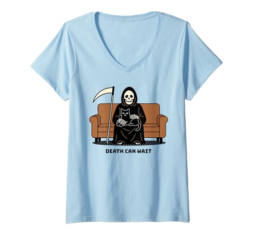 Damen Sensenmann, Schwarze Katze, die auf dem Schoß sitzt, der Tod kann warten, lustig T-Shirt mit V-Ausschnitt Damen Sensenmann, Schwarze Katze, die auf dem Schoß sitzt, der Tod kann warten, lustig T-Shirt mit V-Ausschnitt von Stay Positive Grim Reaper