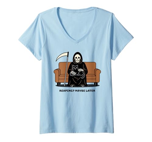 Damen Sensenmann, Schwarze Katze, die auf dem Schoß sitzt, der Tod kann warten, lustig T-Shirt mit V-Ausschnitt Damen Sensenmann, Schwarze Katze, die auf dem Schoß sitzt, der Tod kann warten, lustig T-Shirt mit V-Ausschnitt von Stay Positive Grim Reaper