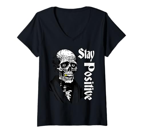 Damen Lustiger motivierender Totenkopf bleibt positiv Skelett Halloween T-Shirt mit V-Ausschnitt Damen Lustiger motivierender Totenkopf bleibt positiv Skelett Halloween T-Shirt mit V-Ausschnitt von Stay Positive Skeleton Funny Motivational Skull