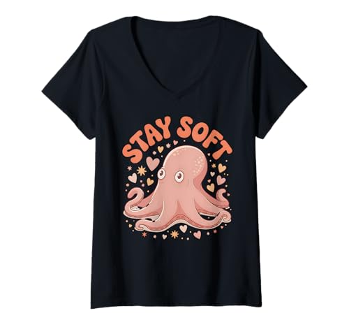 Damen Stay Soft Octopus Kawaii Pastell Meer Tier Herzen Sterne T-Shirt mit V-Ausschnitt Damen Stay Soft Octopus Kawaii Pastell Meer Tier Herzen Sterne T-Shirt mit V-Ausschnitt von Stay Soft Cute Octopus Tender Sea Vibes Co