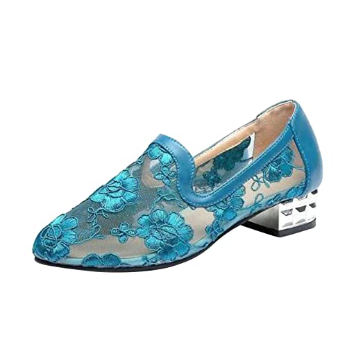 Simen Schuhe Damen Stiefel Mode High Heels Retro Tüll Chunky Short Zipper Atmungsaktive Damenschuhe Damen Freizeitschuhe Leoparden Schuhe Damen Slipper (Blue, 37) von Stay&me