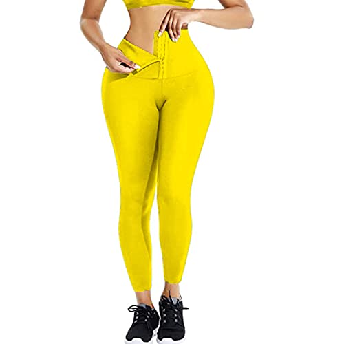 StaySlim Damen Korsett Gym Leggings Bauchweg Sport Leggings mit verstellbarer Taille Trainer Shapewear Slimming Leggings Body Shaper Workout Yoga Hosen, #1 Gelb, L von StaySlim