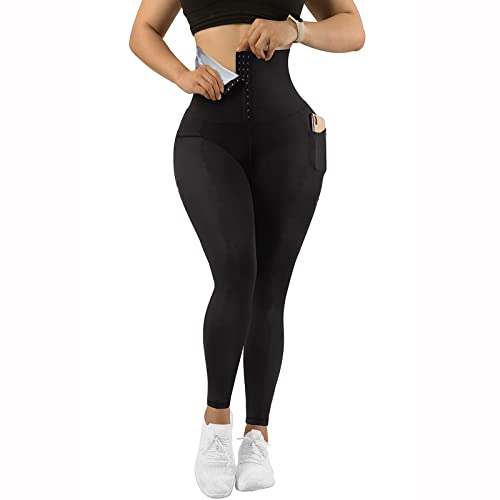 StaySlim Frauen Korsett Gym Leggings Bauchkontrolle Sport Leggings mit verstellbarer Taille Trainer Shapewear Schlankheits Leggings Body Shaper Workout Yoga Hosen, Saunahose Schwarz mit Taschen, von StaySlim