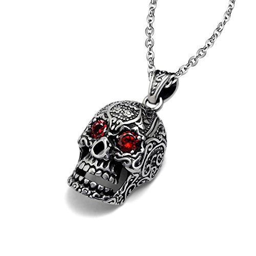 Feilok Edelstahl Schmuck Totenkopf Anhänger Hohle Schädel Kette mit Rot Kristall Augen Skeleton Tribal Gotik Halskette für Herren von Feilok