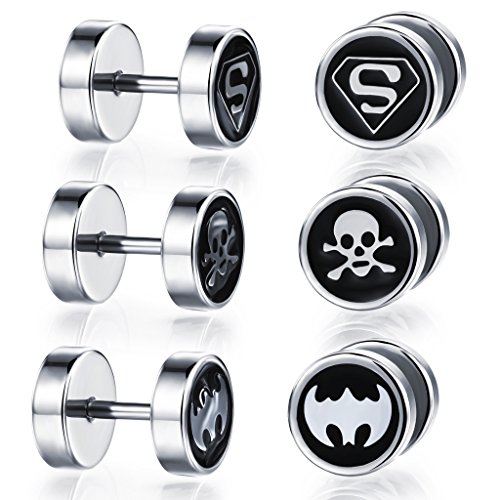 Feilok Edelstahl Herren Ohrstecker, Punk Rock Batman Totenkopf Superman Super Hero Ohrringe Ohrschmuck, 6 Stück von Feilok