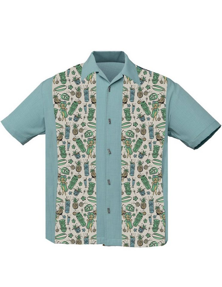 Steady Clothing Kurzarmhemd Hula Cocktails Teal Retro Vintage Bowling Shirt Tiki Figur Knöpfe von Steady Clothing
