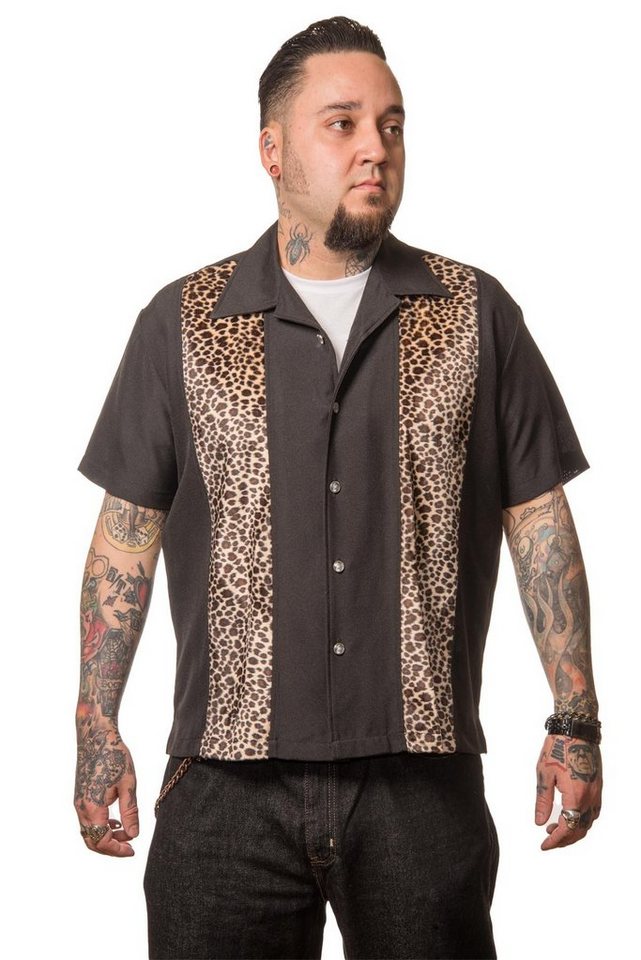 Steady Clothing Kurzarmhemd Leopard Muster Schwarz Retro Vintage Bowling Shirt Rockabilly von Steady Clothing