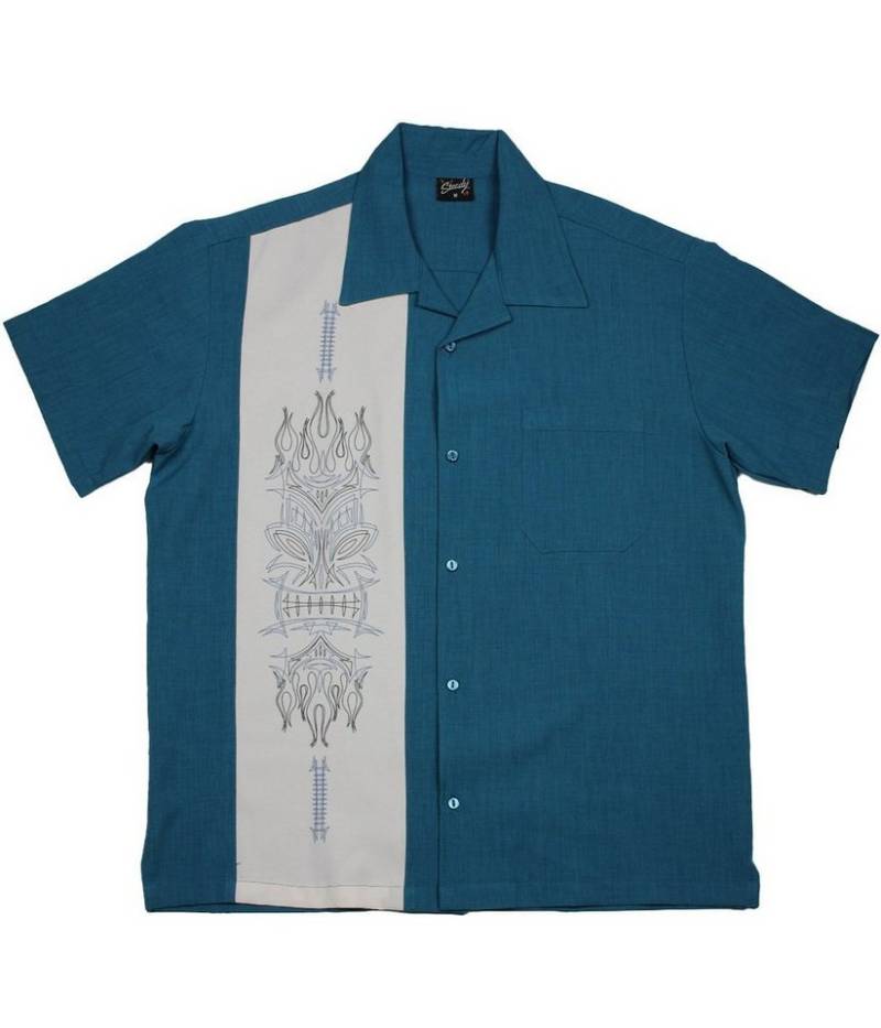 Steady Clothing Kurzarmhemd Pinstripe Tiki Pacific Blau Retro Vintage Bowling Shirt von Steady Clothing