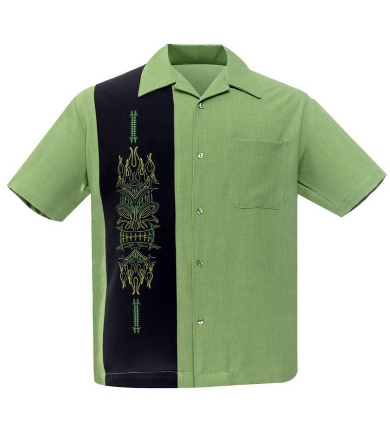 Steady Clothing Kurzarmhemd Pinstripe Tiki Pacific Grün Retro Vintage Bowling Shirt von Steady Clothing