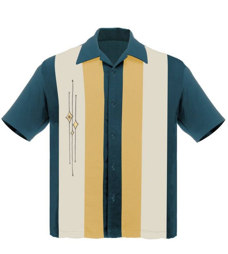 Steady Clothing Kurzarmhemd The Finley Teal Mustard Cream Vintage Bowling Shirt Retro von Steady Clothing
