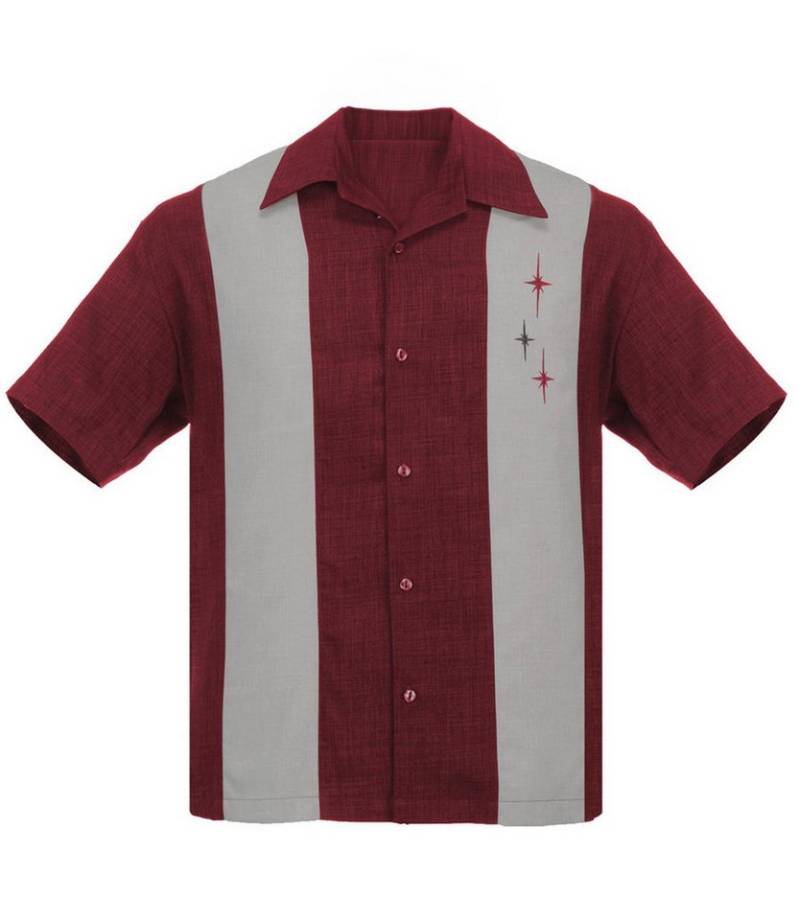 Steady Clothing Kurzarmhemd Three Star Panel Burgunder Retro Vintage Bowling Shirt von Steady Clothing