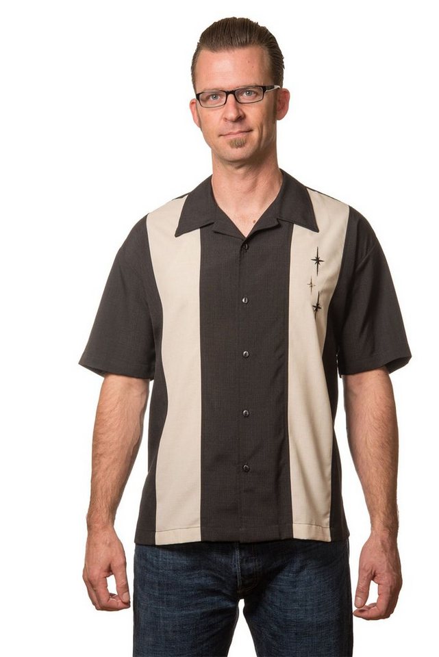 Steady Clothing Kurzarmhemd Three Star Panel Schwarz Retro Vintage Bowling Shirt von Steady Clothing
