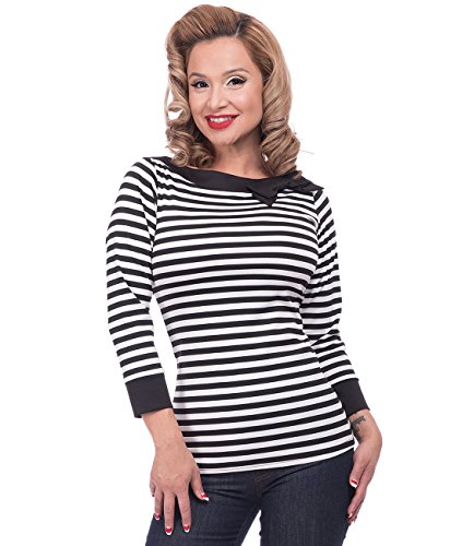 Steady Clothing Damen Retro Bluse mit Schleife - Striped Boatneck Rockabilly Oberteil 3/4 Arm Schwarz L von Steady
