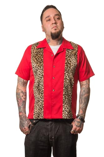 Steady Clothing Hemd Leopard Panel Rot Vintage Bowling Shirt Retro Rockabilly, Größe:XL von Steady