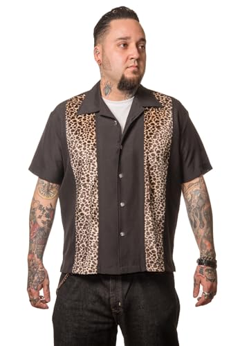 Steady Clothing Hemd Leopard Panel Schwarz Vintage Bowling Shirt Retro Rockabilly, Größe:S von Steady