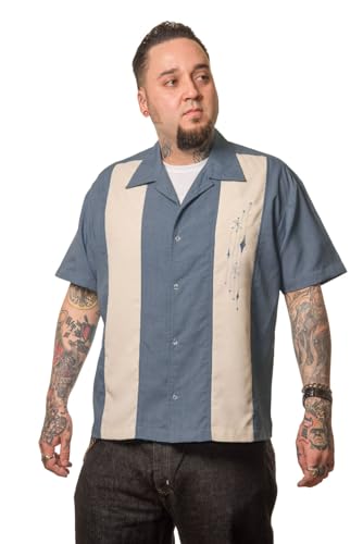 Steady Clothing Hemd Mid Century Marvel Charcoal Vintage Bowling Shirt Retro, Größe:XL von Steady
