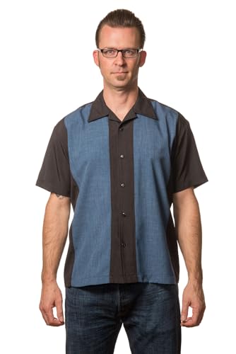 Steady Clothing Hemd Pop Check Double Panel Blau Vintage Bowling Shirt Retro, Größe:XL von Steady