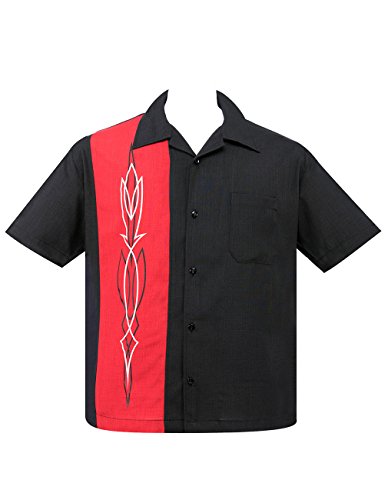 Steady Clothing Herren Vintage Bowling Hemd - Hot Rod Pinstripe Rot Panel Retro Bowling Shirt L von Steady