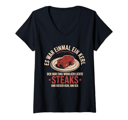 Damen Es War Einmal EIN Kerl Der Nur Steaks Liebte T-Shirt mit V-Ausschnitt Damen Es War Einmal EIN Kerl Der Nur Steaks Liebte T-Shirt mit V-Ausschnitt von Steakliebhaber Humor Retro Fleischbegeisterte