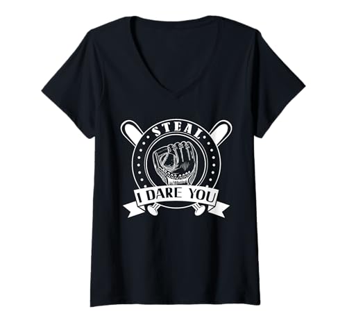 Damen Steal I Dare You Sports Baseball Catcher Spielertrainer T-Shirt mit V-Ausschnitt von Steal I Dare You Baseball Catcher Coach Gifts
