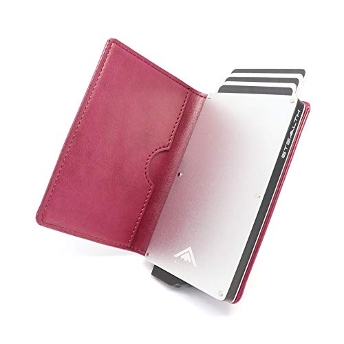 Stealth Wallet RFID Kartenportmonai Herren - Minimalistische Pop-Up-Portemonnaies mit Geschenkbox - Leichte Metall-Kreditkartenhalter für Männer (Silbernes Aluminium, Burgunder-Leder) von Stealth Wallet