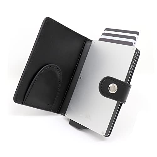 Stealth Wallet RFID Kartenportmonai Herren - Minimalistische Pop-Up-Portemonnaies mit Geschenkbox - Metall-Kreditkartenhalter für Männer (Silbernes Aluminium, Schwarzes Leder, Geldscheinklammer) von Stealth Wallet