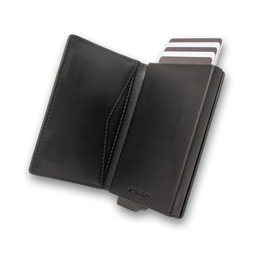 Stealth Wallet – Minimalistische Schlanke Leichte Pop-Up Kartenhalter – Kontaktlos Geschützte Sichere Smart Card-Halter Geldbörsen (Black Leather with Magnetic Closure) von Stealth Wallet