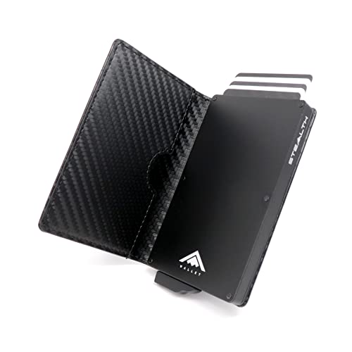 Stealth Wallet RFID Kartenportmonai Herren - Minimalistische Pop-Up-Portemonnaies mit Geschenkbox - Leichte Metall-Kreditkartenhalter für Männer (Schwarzes Aluminium, Schwarzes Carbon-Leder) von Stealth Wallet