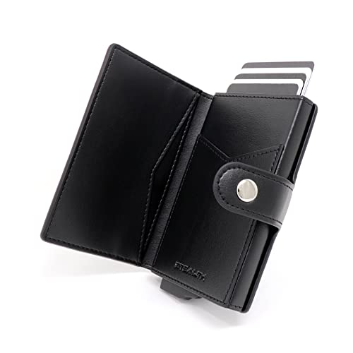 Stealth Wallet RFID Kartenportmonai Herren - Minimalistische Pop-Up-Portemonnaies mit Geschenkbox - Leichte Metall-Kreditkartenhalter für Männer (Schwarzes Leder, ID-Tasche) von Stealth Wallet
