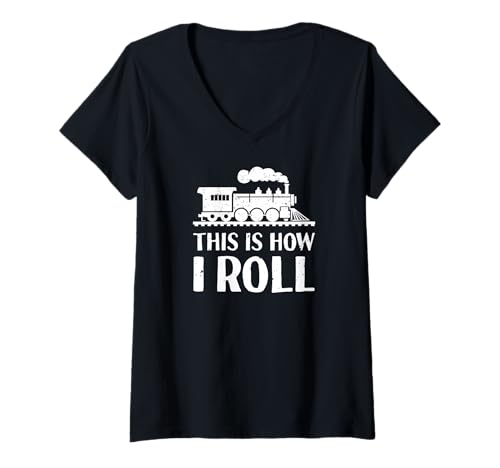 Damen Vintage Dampflokomotive Zug Dirigent This is How I Roll T-Shirt mit V-Ausschnitt von Steam Locomotive Lover
